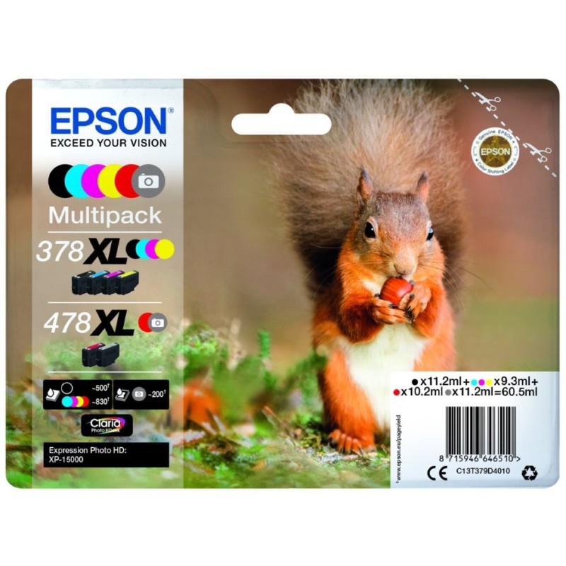 EPSON Multipack "Veverka" 6-colours 478XL Claria Photo HD Ink, ČB 500, BAR 830, FOTO 200 stran