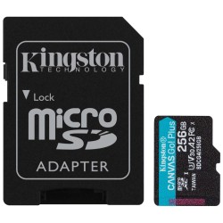 Kingston MicroSDXC karta 256GB Canvas Go! Plus, R:200/W:160MB/s, Class 10, UHS-I, U3, V30, A2 + Adaptér