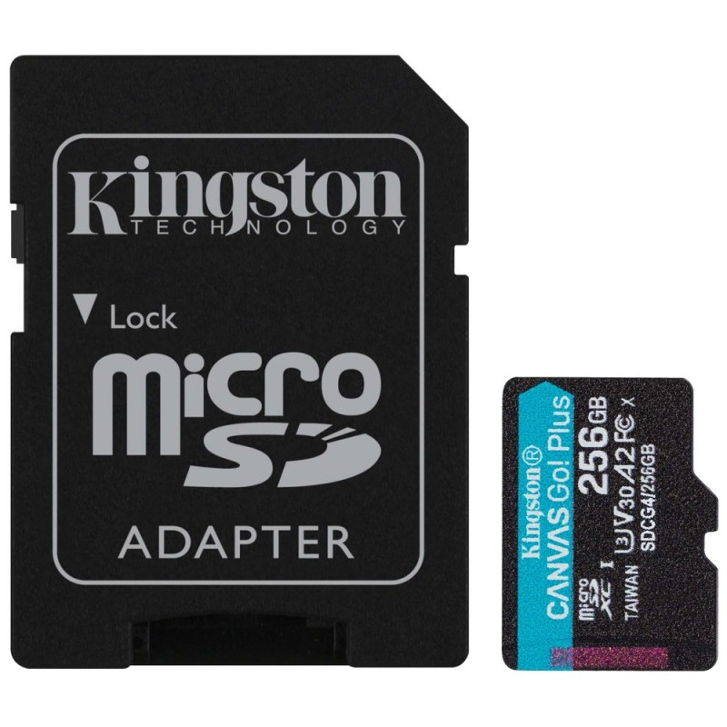 Kingston MicroSDXC karta 256GB Canvas Go! Plus, R:200/W:160MB/s, Class 10, UHS-I, U3, V30, A2 + Adaptér
