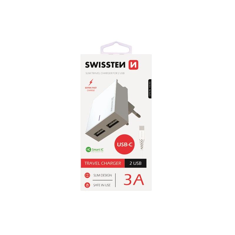 SWISSTEN SÍŤOVÝ ADAPTÉR SMART IC, CE 2x USB 3 A POWER BÍLÝ + DATOVÝ KABEL SWISSTEN USB / TYPE C 1,2 M BÍLÝ