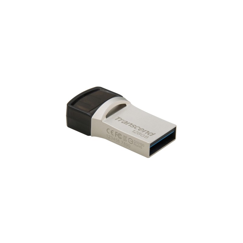 Transcend 128GB JetFlash 890, USB-C/USB 3.1 duální flash disk, malé rozměry, stříbrný kov, odolá prachu i vodě