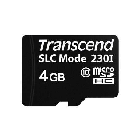 Transcend 4GB microSDHC230I (Class 10) 3D TLC (SLC mode) průmyslová paměťová karta, 22MB/s R, 21MB/s W, černá