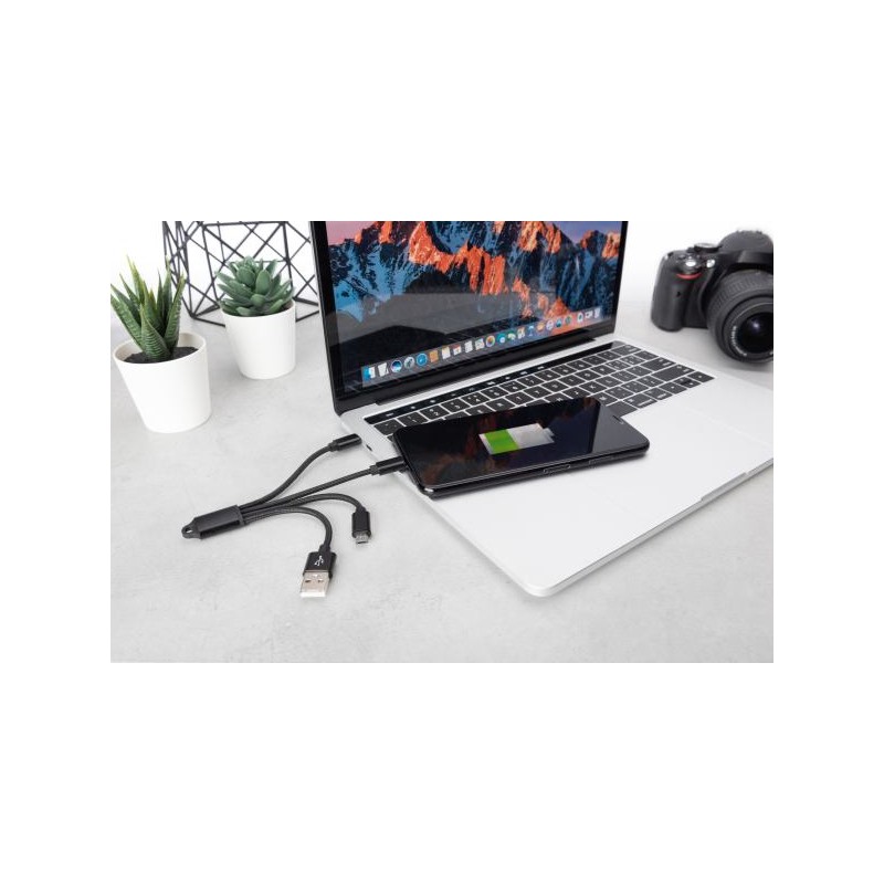 DIGITUS Nabíjecí kabel USB 3 v 1 - USB A - Lightning + micro B + typ C M/ M/M/M 0,15 m, bavlna, CE, zlatá, bl