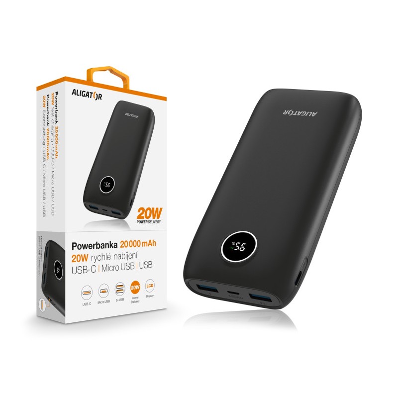 ALIGATOR Powerbanka Power Delivery 20W, rychlé nabíjení, 20 000 mAh, černá