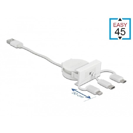 Delock Zatažitelný kabel modulu Easy 45 USB 2.0 typu 3 v 1 z USB Typu-A na USB-C, Micro USB a Lightning, bílý