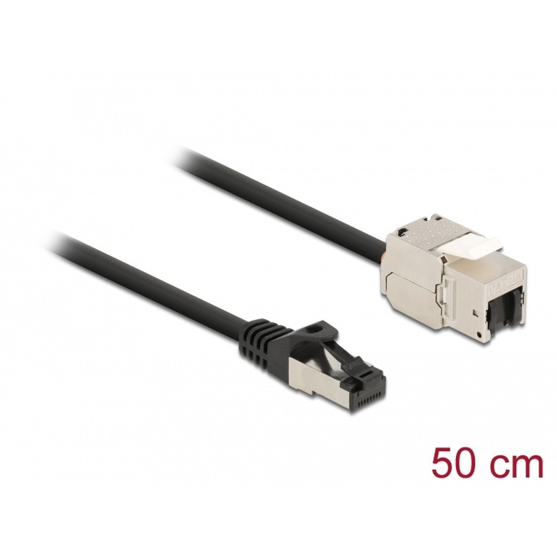 Delock Kabel ze zástrčky RJ45 na zásuvku RJ45 modulu Keystone, Cat.6A, délka 50 cm, černý