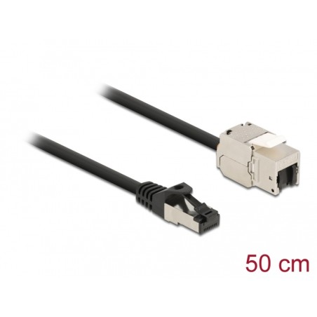 Delock Kabel ze zástrčky RJ45 na zásuvku RJ45 modulu Keystone, Cat.6A, délka 50 cm, černý