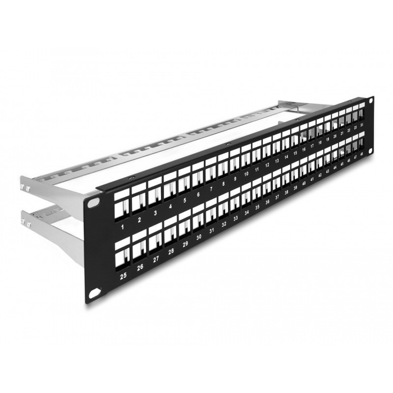 Delock Spojovací panel Keystone, rozměru 19”, 48 portů, s uvolňováním napětí, 2U, černý
