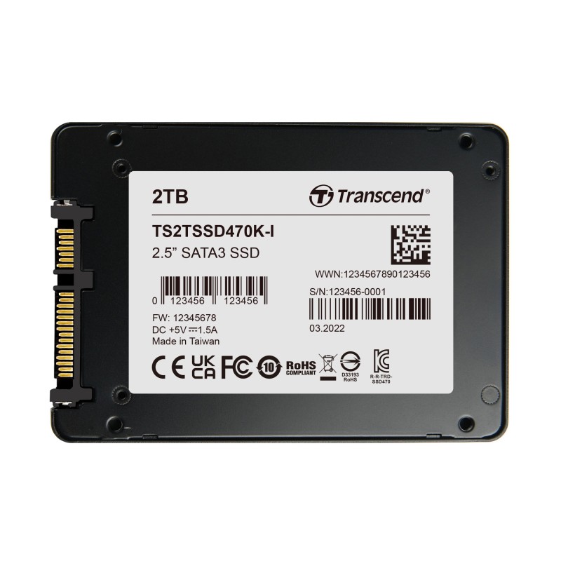 TRANSCEND SSD470K-I 2TB Industrial (3K P/E) SSD disk 2.5" SATA3, 3D TLC, Aluminium case, 560MB/s R, 520 MB/W, černý