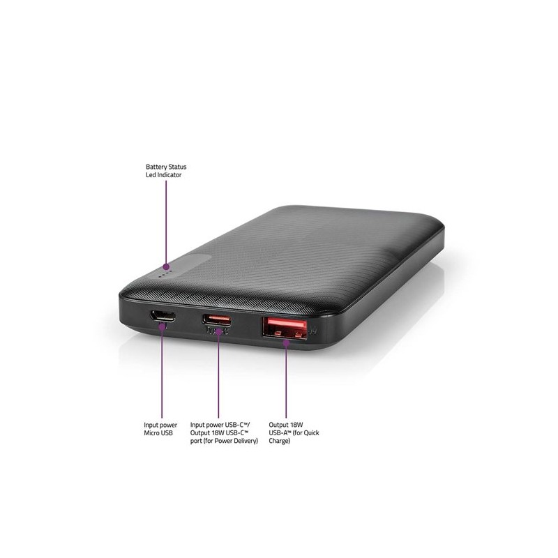 Nedis UPBKPD10000BK - Powerbanka | 10000 mAh | Výstup 1x USB-A / 1x USB-C | Vstup 1x Micro USB / 1x USB-C | PD2.0 18W