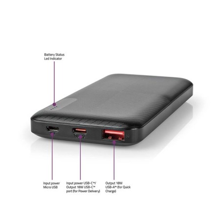 Nedis UPBKPD10000BK - Powerbanka | 10000 mAh | Výstup 1x USB-A / 1x USB-C | Vstup 1x Micro USB / 1x USB-C | PD2.0 18W