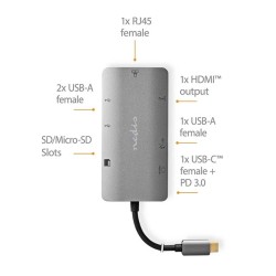 Nedis CCBW64240AT02 - Dokovací Stanice | USB 3.2 Gen 1 | USB-C Zástrčka | Micro SD / RJ45 Zásuvka / SD / USB-C Zásuvka