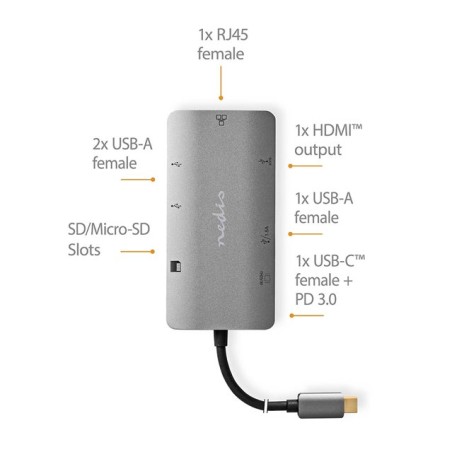 Nedis CCBW64240AT02 - Dokovací Stanice | USB 3.2 Gen 1 | USB-C Zástrčka | Micro SD / RJ45 Zásuvka / SD / USB-C Zásuvka