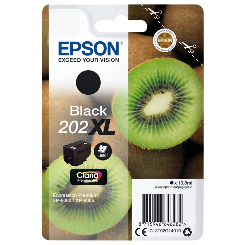 EPSON ink čer Singlepack "Kiwi" Black 202XL Claria Premium Ink 13,8 ml, ČB 550 stran