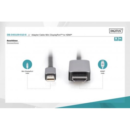 Digitus 8K@60Hz. M/M mini DP na HDMI kabeový adaptér Alu Pouzdro Černý 1m