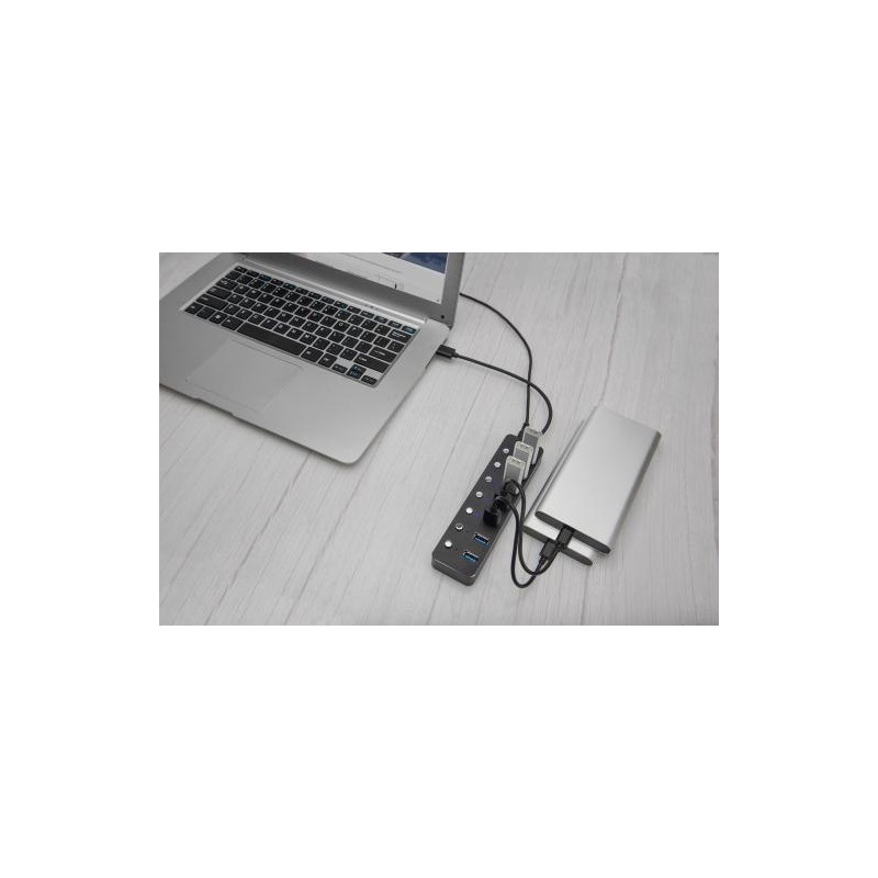 Digitus USB 3.0 rozbočovač, 7 portů, přepínač Hliníkové pouzdro, včetně zdroje 5V/2A
