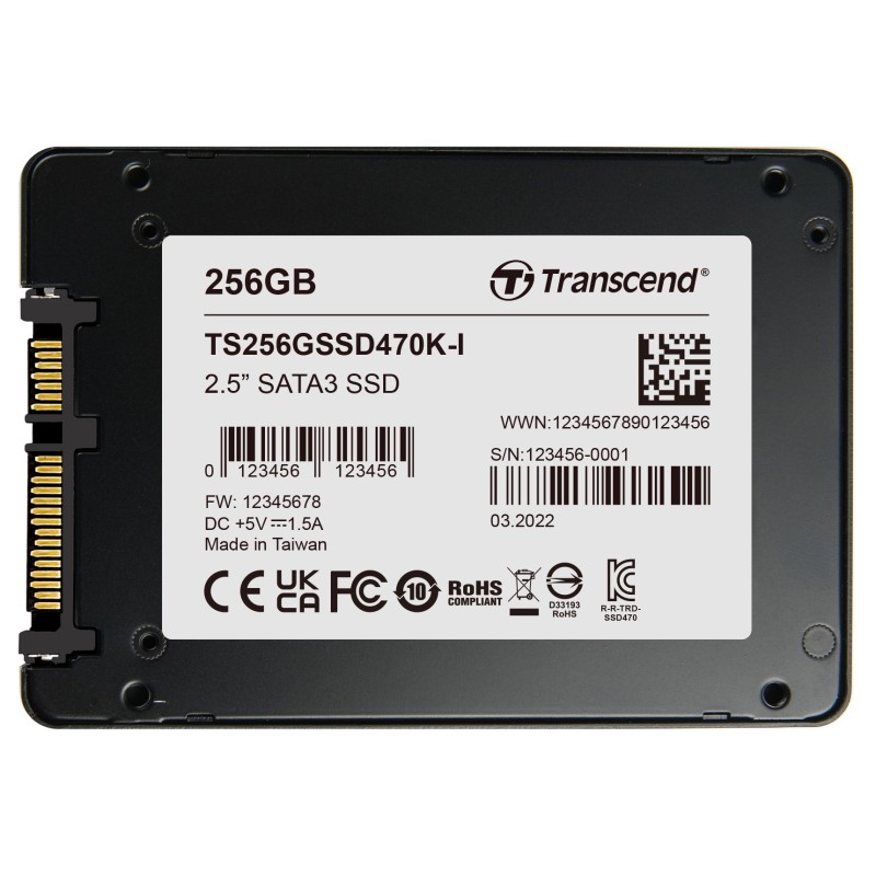 TRANSCEND SSD470K-I 256GB Industrial (3K P/E) SSD disk 2.5" SATA3, 3D TLC, Aluminium case, 560MB/s R, 520 MB/W, černý