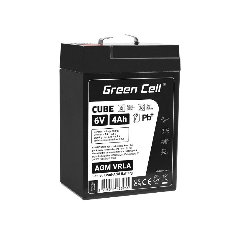 Green Cell Cube AGM VRLA IP54 6V 4Ah maintenance-free battery for toy cash register alarm system