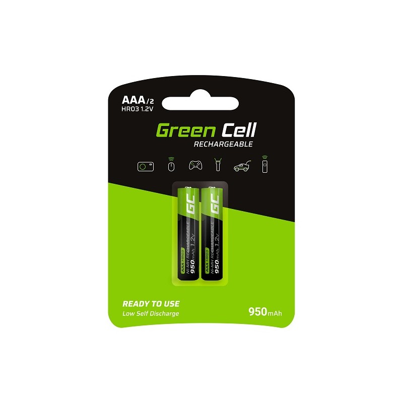 Green Cell Rechargeable Batteries 2x AAA HR03 950mAh