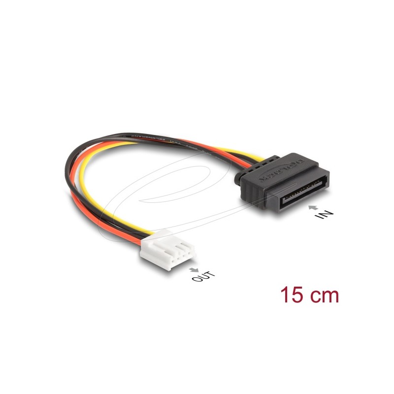 Delock Napájecí kabel SATA, z 15 pinové zástrčky na 1 x 4 pinovou zásuvku disketové mechaniky floppy, 15 cm