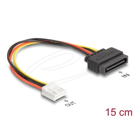 Delock Napájecí kabel SATA, z 15 pinové zástrčky na 1 x 4 pinovou zásuvku disketové mechaniky floppy, 15 cm