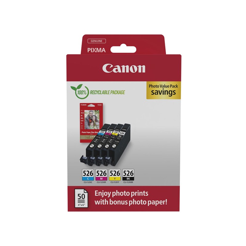 Canon CARTRIDGE CLI-526 C/M/Y/BK Value pack + fotopapír pro PIXMA IP4x50, MX8x5, MG5x50, IX6550 (437 str.)