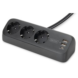 DIGITUS 3cestný kancelářský prodlužovací kabel s 2x USB-A a 1x USB-C porty, černý
