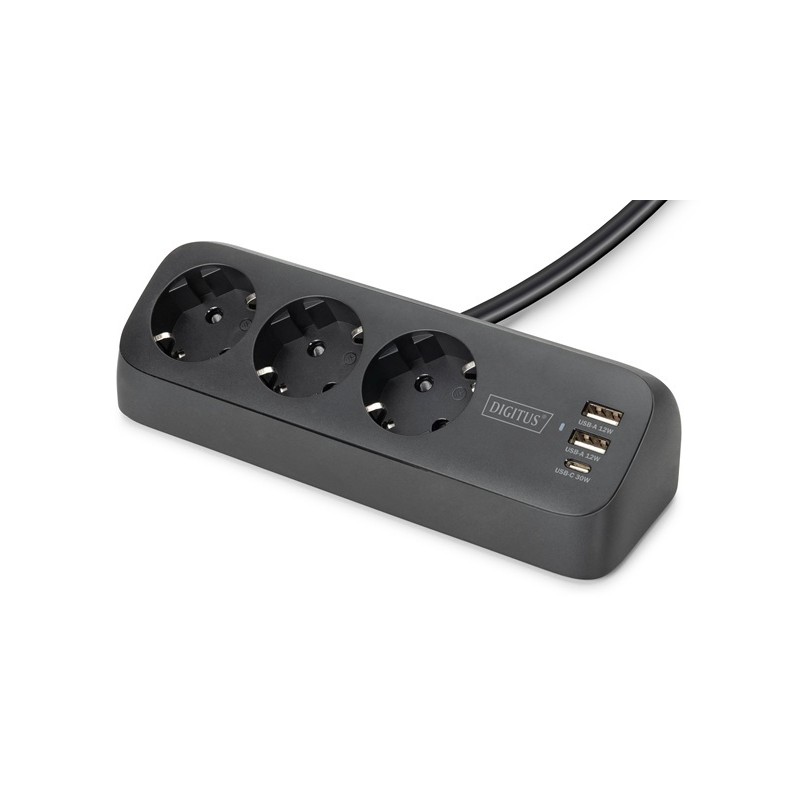 DIGITUS 3cestný kancelářský prodlužovací kabel s 2x USB-A a 1x USB-C porty, černý