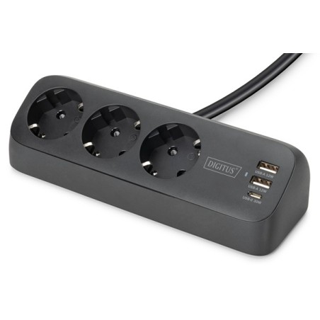 DIGITUS 3cestný kancelářský prodlužovací kabel s 2x USB-A a 1x USB-C porty, černý