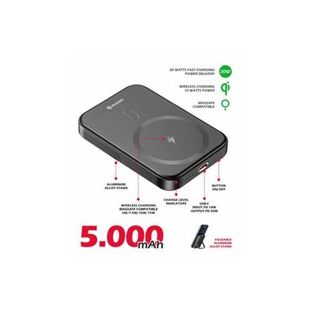 SWISSTEN POWER BANK FUSION 5000 mAh S NABÍJENÍM APPLE WATCH (kompatibilní s MagSafe) STŘÍBRNÁ