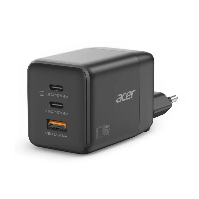 ACER Adaptér 100W GaN charger, 3porty: 2x USB-C + 1x USB-A ports, EU a UK zástrčka, textilní obal, black