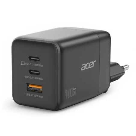ACER Adaptér 100W GaN charger, 3porty: 2x USB-C + 1x USB-A ports, EU a UK zástrčka, textilní obal, black
