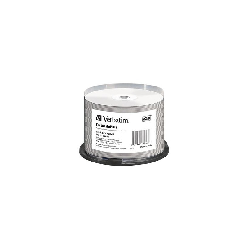 VERBATIM CD-R(50-pack) spindl, AZO 52X,700MB,WHITE WIDE THERMAL PRINTABLE SURFACE NON-ID