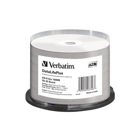 VERBATIM CD-R(50-pack) spindl, AZO 52X,700MB,WHITE WIDE THERMAL PRINTABLE SURFACE NON-ID