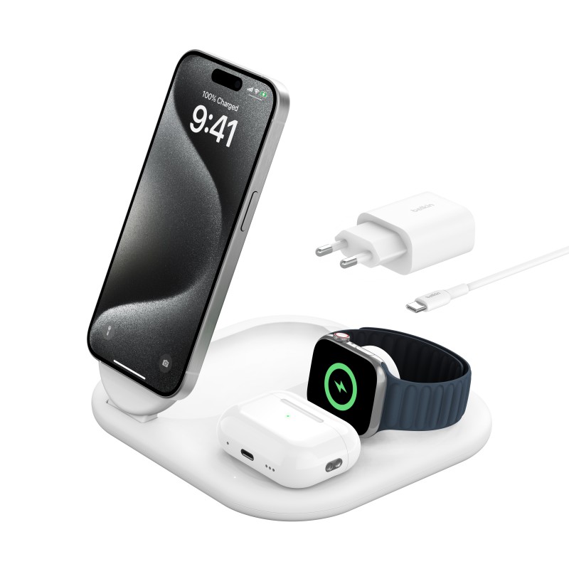 Belkin BOOST CHARGE Qi2 15W 3v1 Magnetický nabíjecí stojan, skládací, bílá
