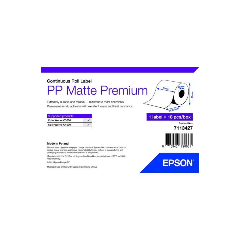 PP MATTE LABEL PREM CONTINUOUS/ROLL 76X29MM