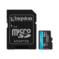 Kingston MicroSDXC karta 64GB Canvas Go! Plus, R:200/W:160MB/s, Class 10, UHS-I, U3, V30, A2 + Adaptér