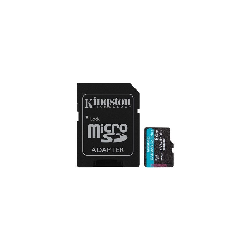 Kingston MicroSDXC karta 64GB Canvas Go! Plus, R:200/W:160MB/s, Class 10, UHS-I, U3, V30, A2 + Adaptér