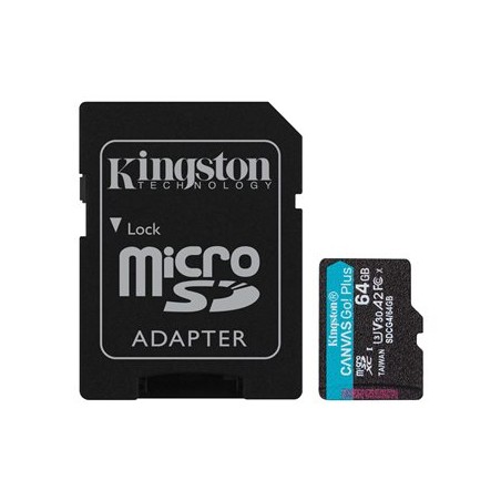 Kingston MicroSDXC karta 64GB Canvas Go! Plus, R:200/W:160MB/s, Class 10, UHS-I, U3, V30, A2 + Adaptér