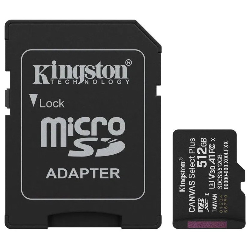 Kingston MicroSDXC karta 512GB Canvas Select Plus, U3, V30, A1, SD Adaptér