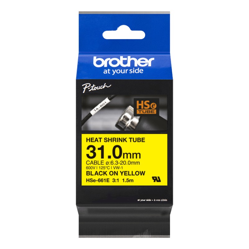 Brother originální páska do tiskárny štítků, Brother, HSE-661E, černý tisk/žlutý podklad, 1.5m, 31mm