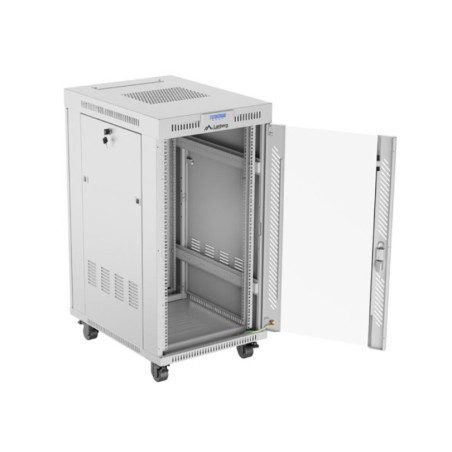 19" Volně stojící racková skříň 22U 600X800 šedé skleněné dveře LCD Lanberg (Flat Pack) V2