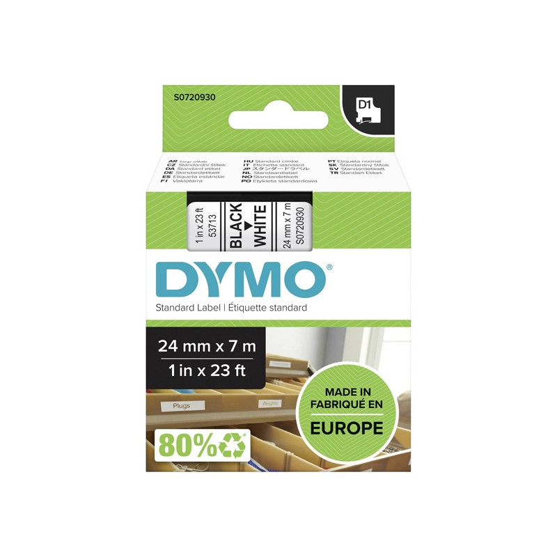 Dymo originální páska do tiskárny štítků, Dymo, 53713, S0720930, černý tisk/bílý podklad, 7m, 24mm, D1
