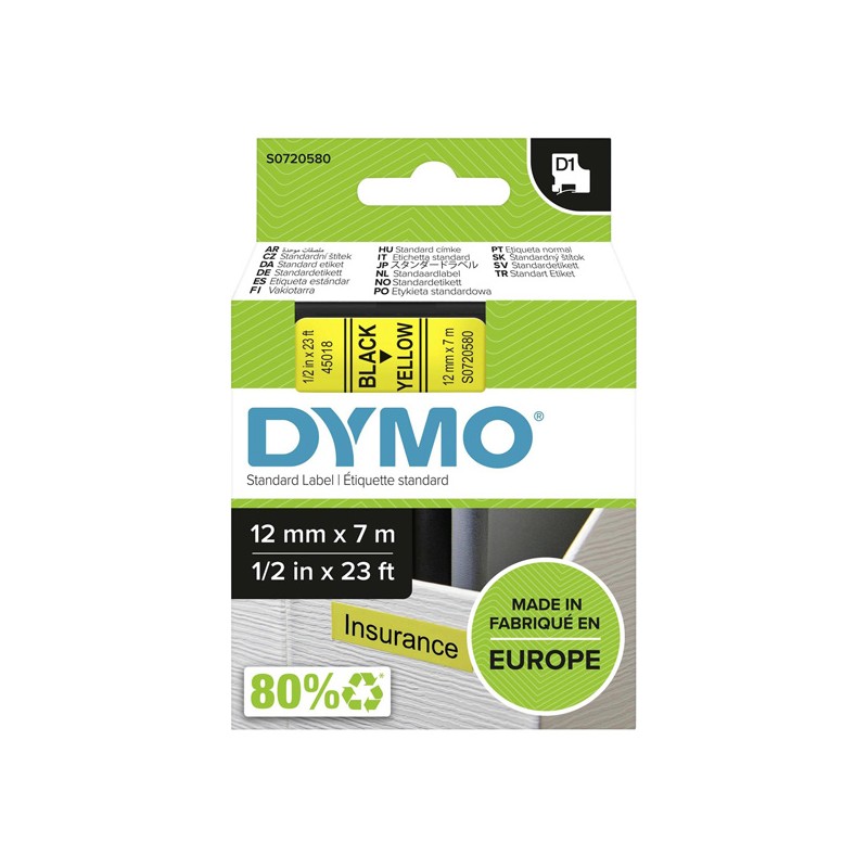 Dymo originální páska do tiskárny štítků, Dymo, 45018, S0720580, černý tisk/žlutý podklad, 7m, 12mm, D1