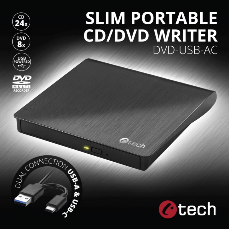 C-TECH externí DVD vypalovačka DVD-USB-AC, USB 2.0, USB A/Type C