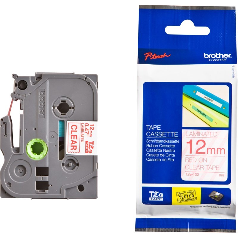 BROTHER TZE132 - kazeta TZ šířky 12mm, laminovaná TZE-132, průsvitná/červené písmo