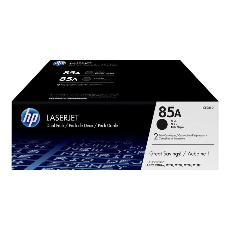 HP 85A Black 2-pack LJ Toner Cart, CE285AD (1,600 / 1,600 pages)