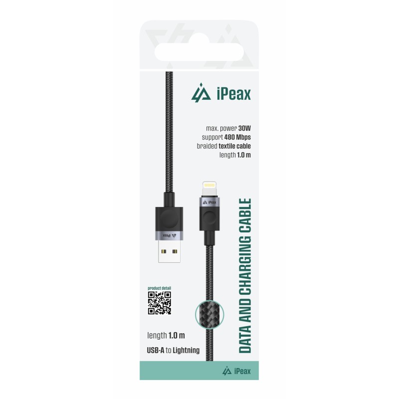 TEXTILNÍ KABEL USB-A / LIGHTNING 1M, USB 2.0 ČERNÝ