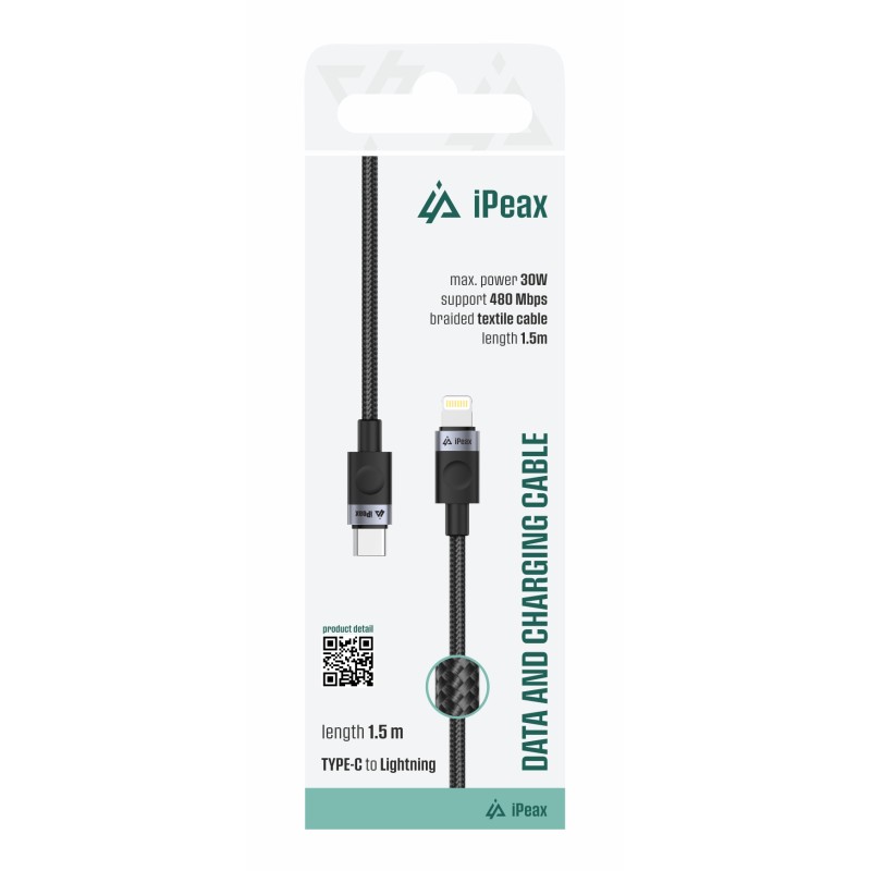 TEXTILNÍ KABEL USB-C/LIGHTNING 1,5M, USB 2.0 ČERNÝ