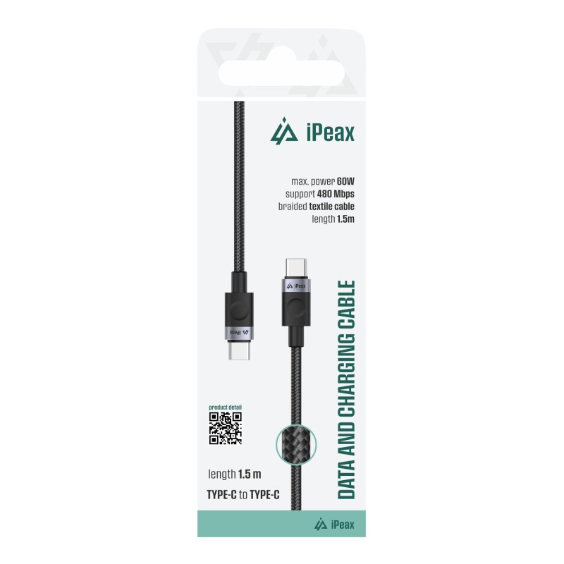 TEXTILNÍ KABEL USB-C / USB-C 1,5M, USB 2.0 ČERNÝ